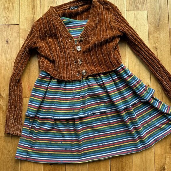 Tucker + Tate Rainbow Striped Dress Rust Chenille Cropped Sweater Outfit - Picture 12 of 12